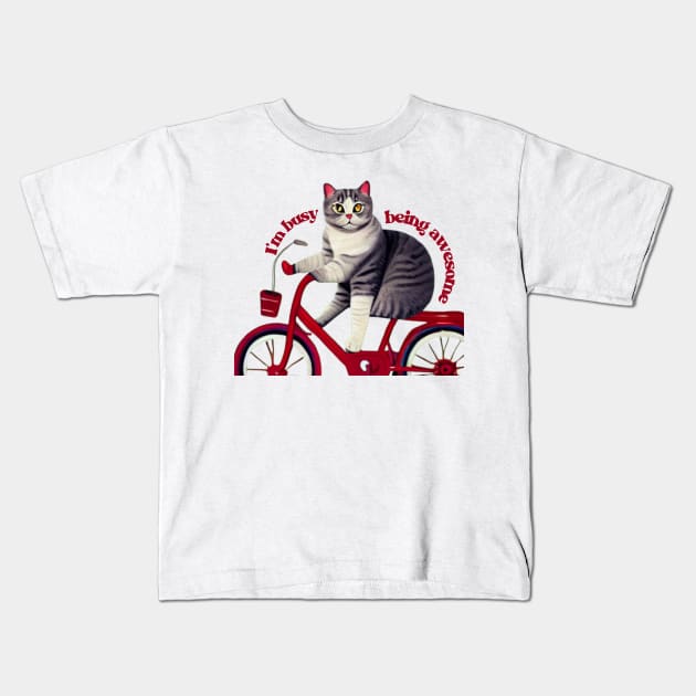 Cool Cat Ride a Bike Kids T-Shirt by Luckymoney8888